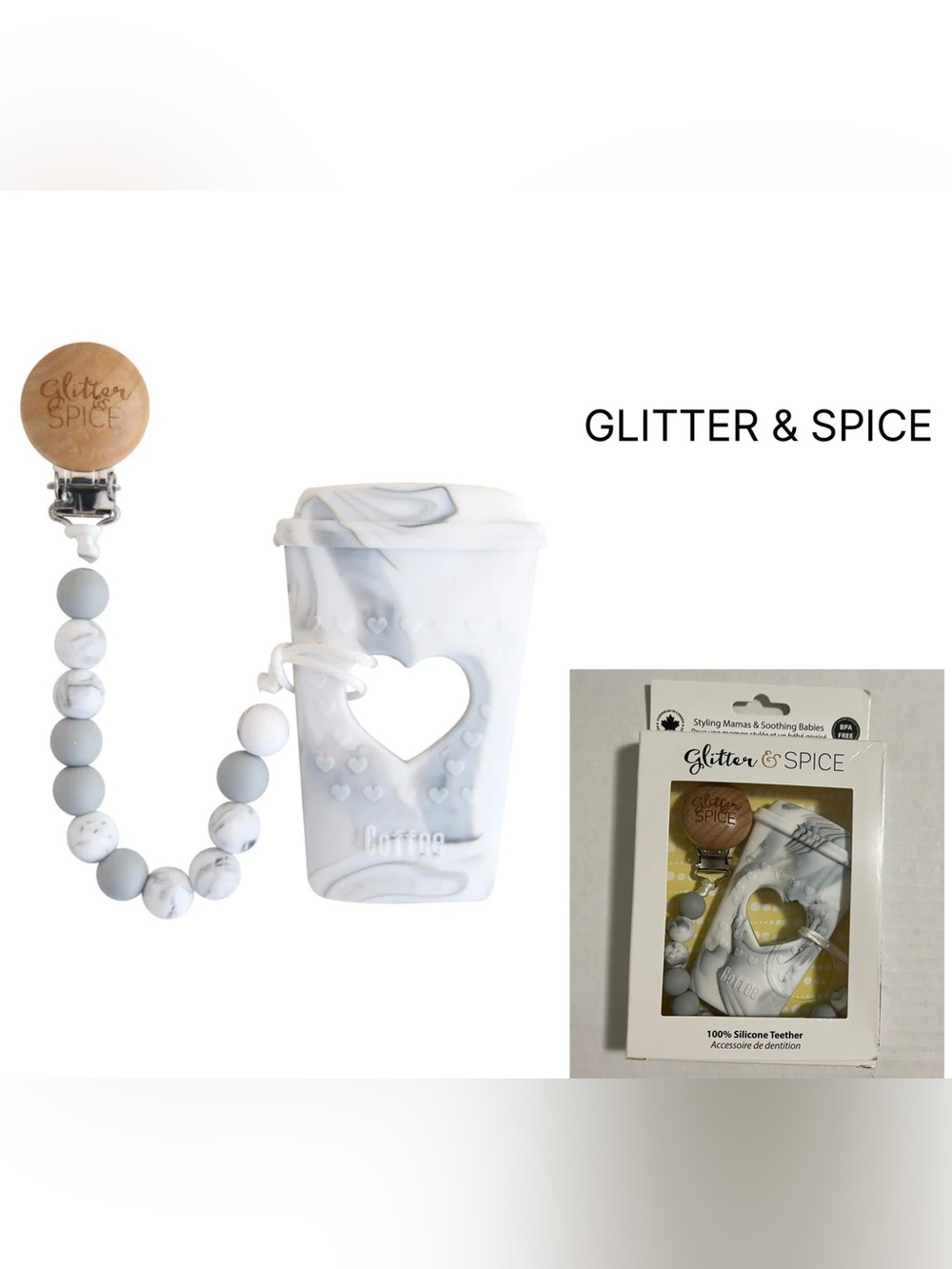 GLITTER & SPICE - NWT - GREY MARBLE COFFEE SILICONE TEETHER / PACIFIER CLIP